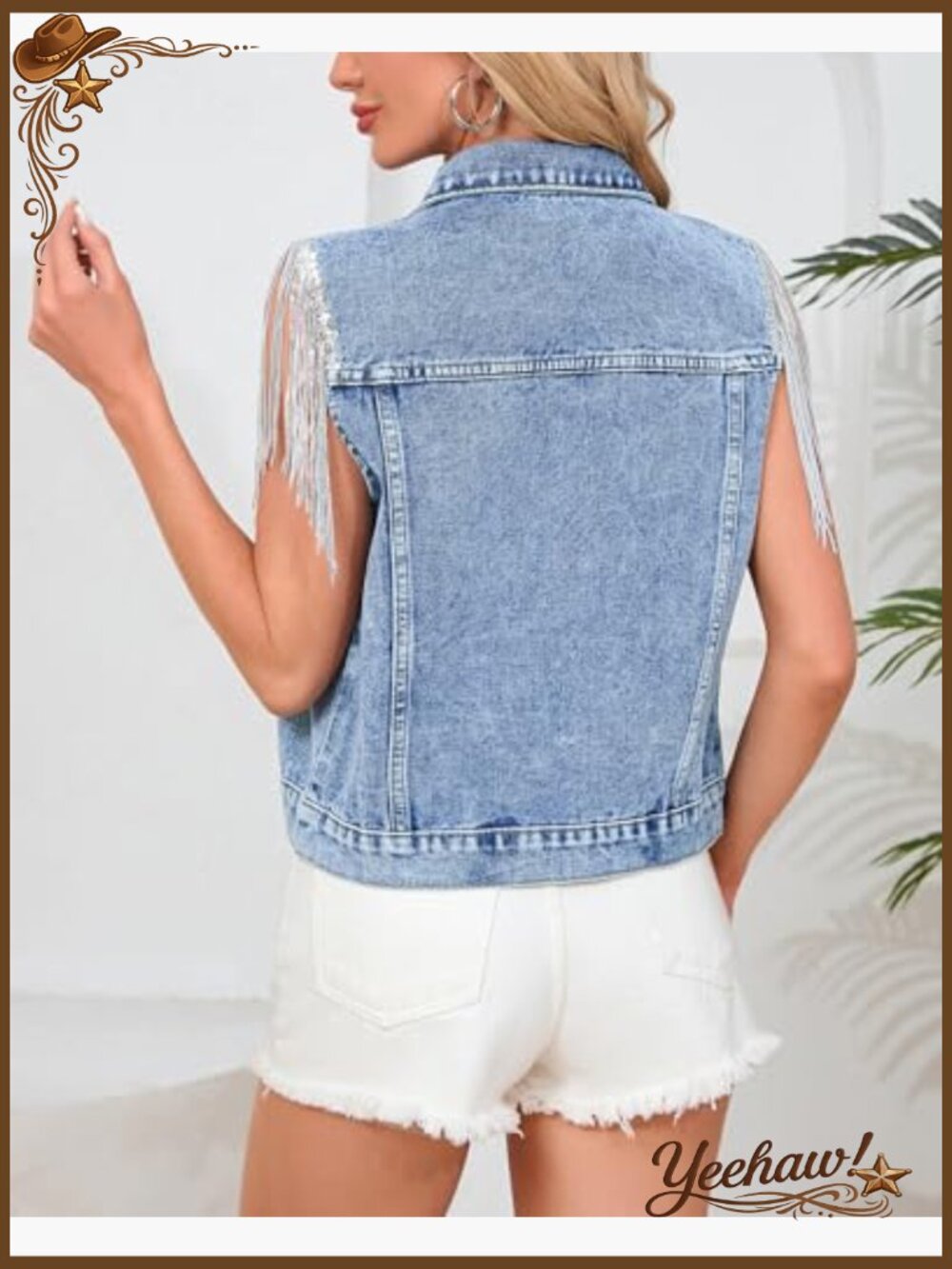 Pearls Beading Denim Vest Sleeveless Sequin Fringe Tassel Cowgirl Jean Vest - Picture 4 of 7
